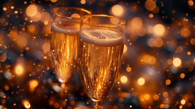 Elegant champagne glasses with sparkling bubbles and glowing background for festive celebration