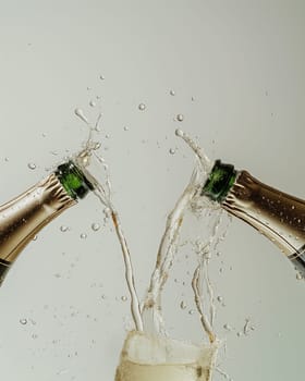 Champagne celebration with bubbles splashing from toasting bottles, perfect for a party or festive drink