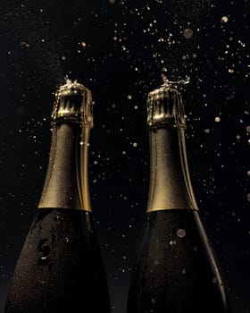 Two champagne bottles foaming with sparkling bubbles and gold drink ideal for celebration party
