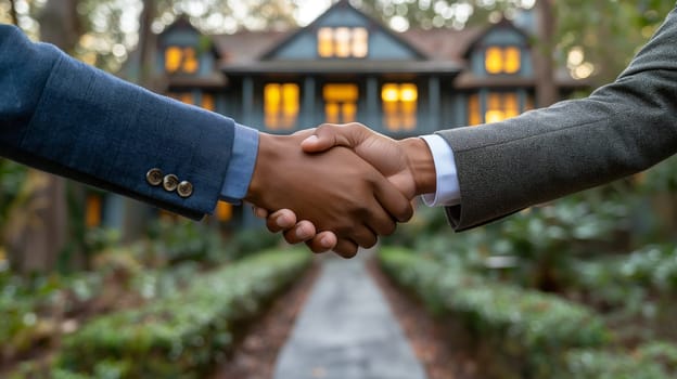 Handshake agreement solidifies a successful business deal in outdoor setting with trees and pathway
