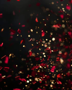 Confetti celebration with red and gold sparkle background blur for festive party occasion