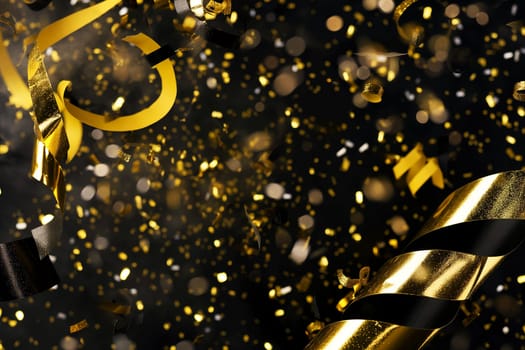 Golden confetti and ribbons sparkle in a festive party celebration with glitter and black streamers