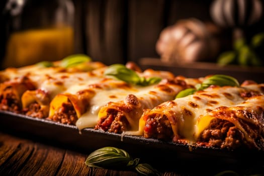 Delicious traditional Italian lasagna with melted cheese and fresh basil leaves, baked to perfection