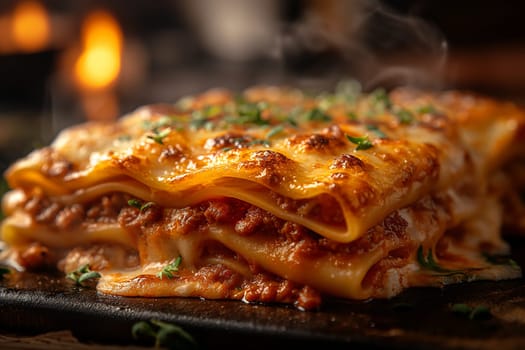 Delicious Italian lasagna with layers of pasta, meat, and cheese, topped with herbs for a gourmet dinner