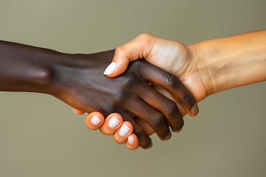 Handshake signifying unity, diversity, and agreement between hands in a moment of trust and cooperation