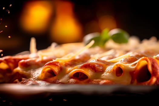 Delicious baked Italian pasta with cheese, tomato sauce, and basil - perfect Italian meal