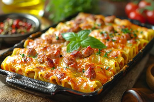Delicious baked hot Italian cannelloni pasta dish with cheese, tomatoes, and basil in a rustic casserole