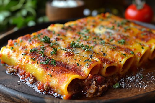 Baked lasagna featuring cheese, meat, and sauce in a traditional Italian dish