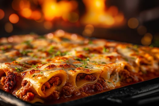 Delicious baked lasagna with meat, cheese, and sauce, perfect for an Italian dinner meal.