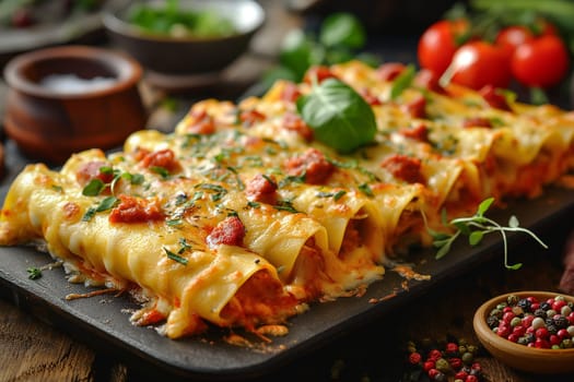 Delicious cannelloni pasta with cheese, basil, and meat in a savory tomato bake for an Italian dinner