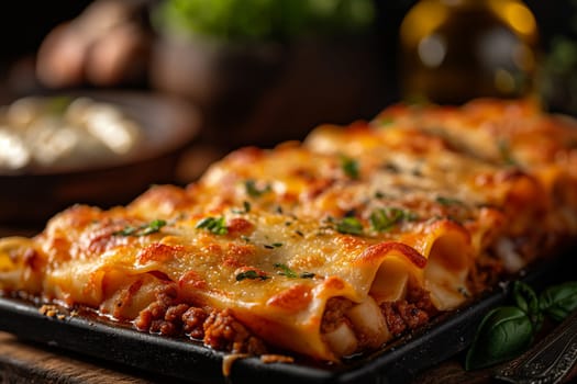 Delicious baked lasagna with cheese, basil, and layers of savory Italian dinner recipe