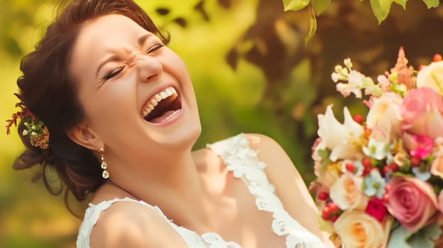 A joyful bride with a sunlit bouquet of vibrant flowers, laughing happily outdoors during a wedding.
