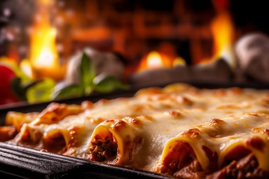 Delicious italian cannelloni hot from the oven with beef, tomatoes, mozzarella, basil, and cheese