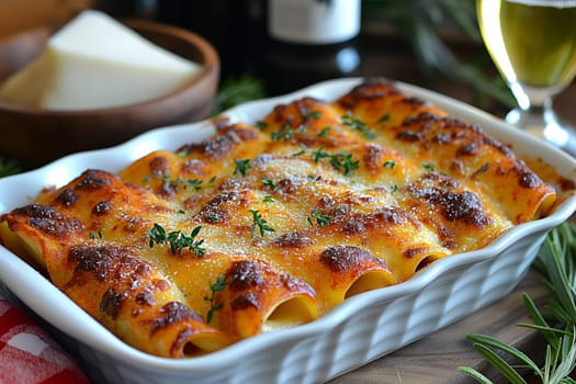 Delicious homemade Italian lasagna with cheese, savory baked pasta, and melted herbs for dinner
