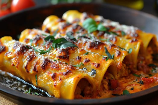 Delicious homemade baked cannelloni stuffed with cheese and herbs in tomato sauce