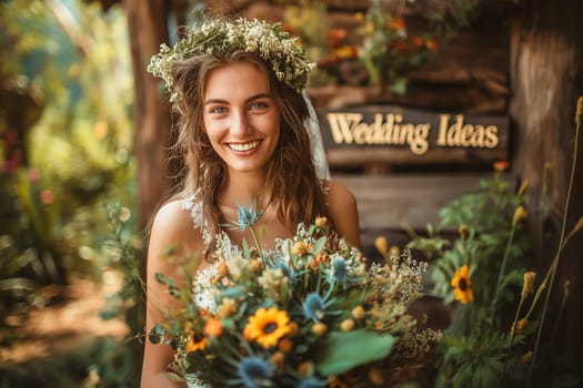 Smiling bride with a floral crown holding a bouquet of flowers in rustic wedding decor