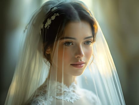 Bride with veil in wedding portrait, wearing dress, surrounded by nature, showing elegance and beauty