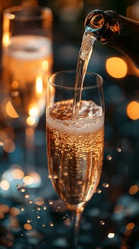 Champagne glass pouring sparkling bubbles for a celebration party toast with friends and family