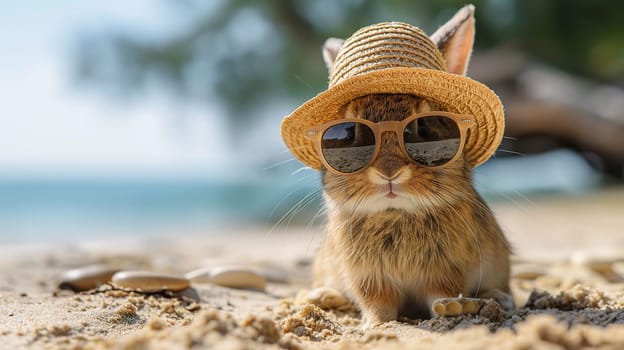 Adorable rabbit wearing hat and sunglasses relaxing on the beach during summer vacation