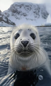 Cute seal with whiskers swimming in icy Arctic water surrounded by snowy mountains and ice