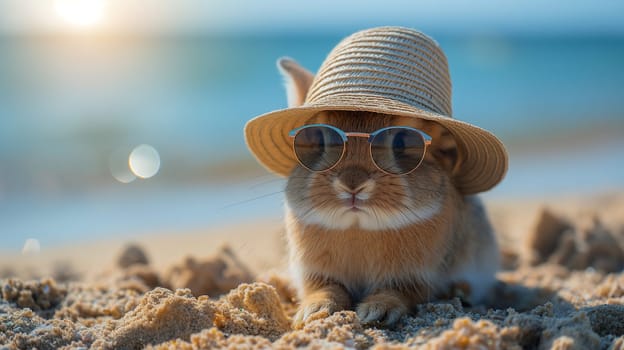 Cute bunny rabbit wearing sunglasses and hat on the beach sand during a sunny summer day