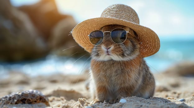Cute rabbit on beach wearing sunhat and sunglasses enjoying summer vacation in the sunshine