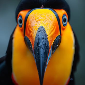 Closeup of a vibrant toucan with colorful beak and eye in a rainforest setting