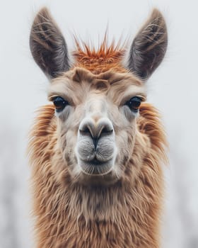 Closeup portrait of a furry brown llama with expressive eyes and fluffy fur in nature