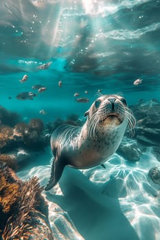 Seal swimming underwater in the ocean with marine wildlife, fish, and coral