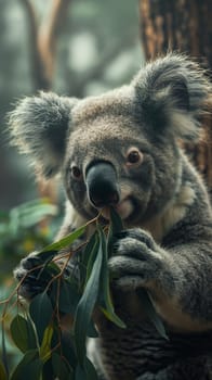 Koala eating eucalyptus leaves while perched on a tree in its natural forest habitat in Australia.