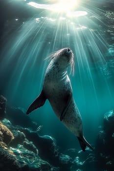 Seal swimming underwater in the ocean with marine creatures and sunlight, depicting natural aquatic beauty.
