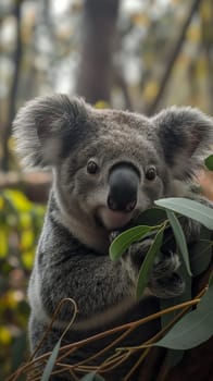 Cute koala marsupial wildlife in nature, animal holding eucalyptus leaf on tree in Australia