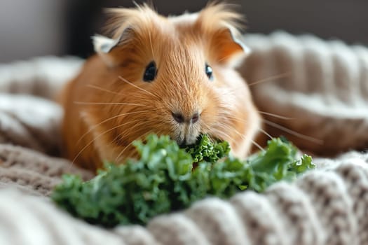 Cute guinea pig eating kale closeup, adorable small brown furry pet rodent with whiskers