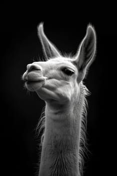 Portrait of a white llama with fur and ears, in nature, closeup with black background