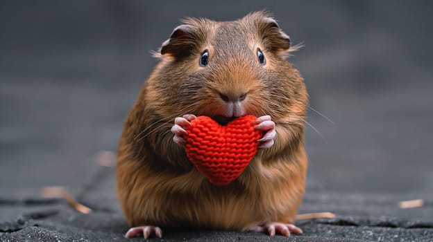 Adorable brown furry guinea pig holding a cute crocheted heart in its tiny paws