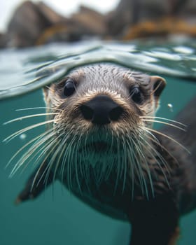 Closeup of an adorable water otter swimming in its natural aquatic habitat