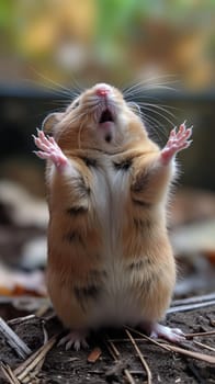 Cute small furry pet hamster with chubby cheeks and fluffy fur in a wildlife setting