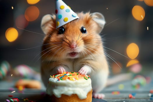 Cute hamster wearing party hat celebrating birthday with festive cake and colorful sprinkles