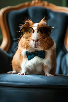 Guinea pig wearing sunglasses and bowtie sitting on a chair, adorable and cute fashion accessory