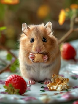 Cute hamster nibbling a snack with strawberry on a plate in nature, adorable and sweet pet