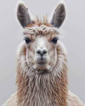 Close-up portrait of a cute furry lama with expressive face and domesticated features