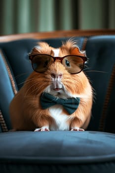 Cute guinea pig wearing sunglasses and a bowtie seated on a chair looking adorable and fashionable