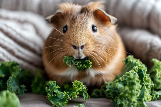 Cute brown guinea pig with fur and whiskers, eating green kale vegetables, adorable closeup portrait