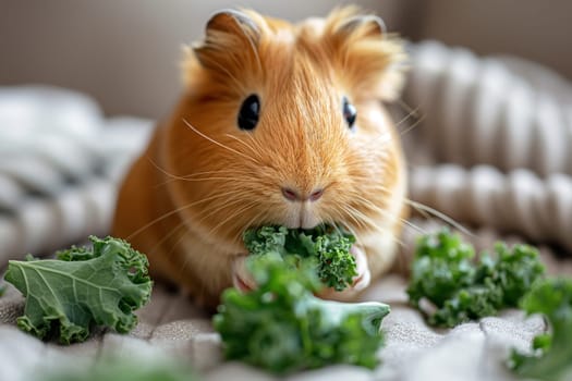 Adorable guinea pig eating fresh kale, cute furry pet enjoying green vegetable