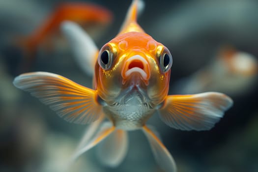 Closeup of vibrant orange goldfish with big eyes and fins swimming underwater in a fish tank