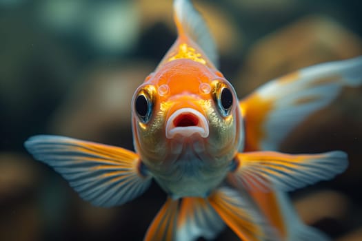 Closeup of a cute goldfish swimming in water with orange scales and fins in an aquatic environment