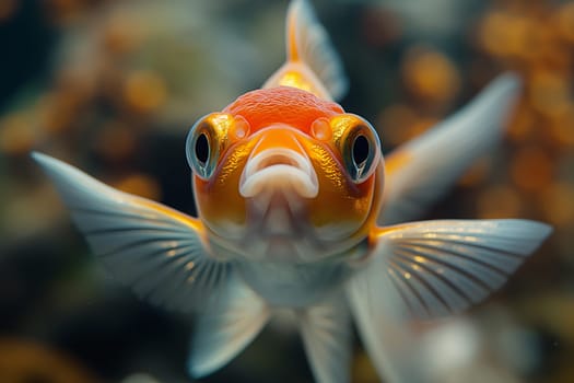 Beautiful orange goldfish with large eyes swimming underwater in an aquatic pet tank