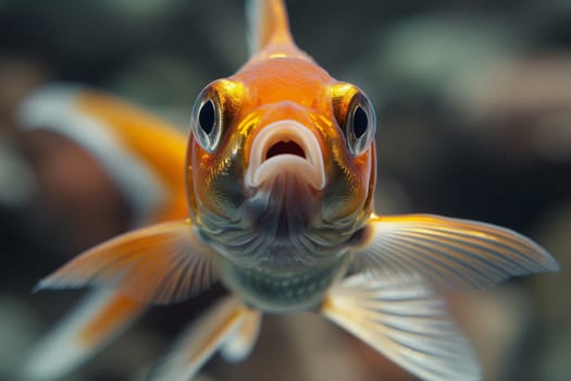 Closeup of an orange goldfish swimming underwater with vibrant fins and eyes