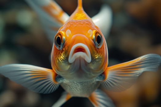 Closeup of vibrant goldfish swimming underwater with detailed gills and fins in an aquarium