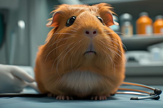 Adorable guinea pig at vet clinic exam with care from veterinarian, pet health checkup